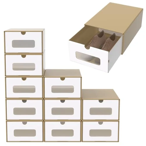 ACXIN Schuhboxen Stapelbar Boxen-Set,Aufbewahrungsbox Schubladen mit Transparentes Sichtfenster,Pappkarton aus Kraftpapier,34.5 x 23.5 x 13.5 cm,10 Stück, Braun