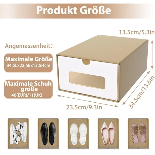 ACXIN Schuhboxen Stapelbar Boxen-Set,Aufbewahrungsbox Schubladen mit Transparentes Sichtfenster,Pappkarton aus Kraftpapier,34.5 x 23.5 x 13.5 cm,10 Stück, Braun