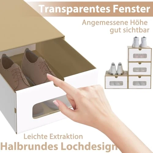 ACXIN Schuhboxen Stapelbar Boxen-Set,Aufbewahrungsbox Schubladen mit Transparentes Sichtfenster,Pappkarton aus Kraftpapier,34.5 x 23.5 x 13.5 cm,10 Stück, Braun