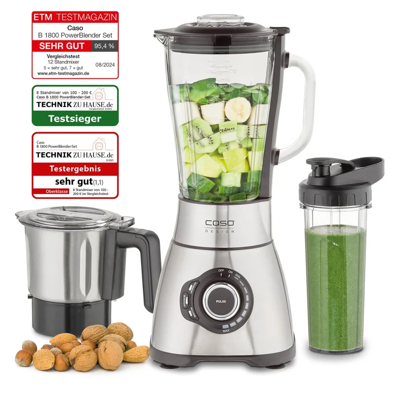 CASO B 1800 PowerBlender-Set - Standmixer, 28.000 U/min, Glasbehälter 1,75 L, inkl. Trinkflasche und Zerkleiner, Mixer Testsieger mit sehr gut, Edelstahl