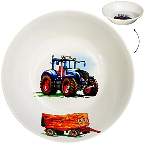 alles-meine.de GmbH 3 TLG. Geschirrset großer Teller/Kinderteller + Schüssel + Henkeltasse - Traktor - Trecker mit Anhänger - Bauernhof - aus Porzellan/Keramik - Tasse ..