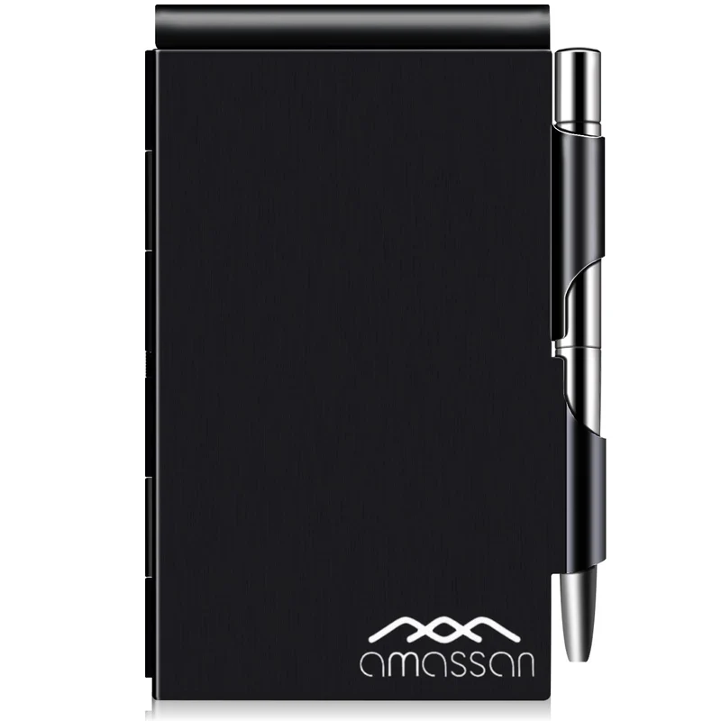 amassan Kleines Notizbuch aus Metall, Mini-Notizblock, kleiner Taschen-Notizblock aus Aluminium mit Mini-Metallstift und 60-Seiten-Blättern - Notizbücher Notizblöcke (Black)