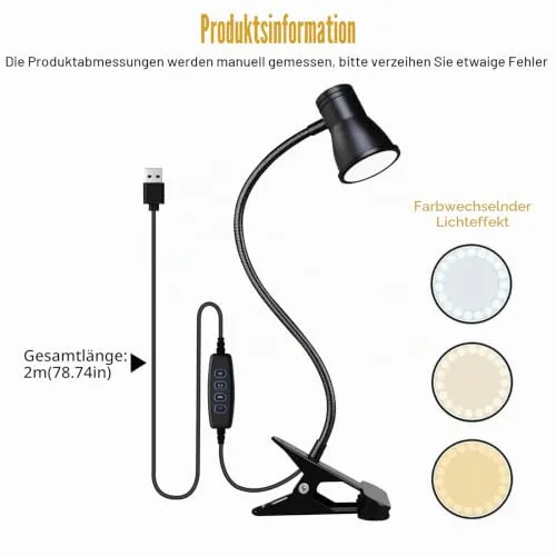 Zoombare LED Leselampe Klemmleuchte: Dimmbare Klemmlampe Bett, USB Schwanenhals Lampe mit 3 Farbtemperaturmodi, LED Klemmleuchte Nachttisch, für Schlafzimmer und Nachttisch, Schwarz