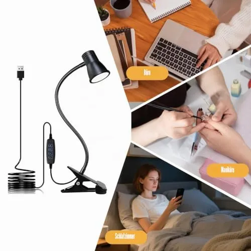 Zoombare LED Leselampe Klemmleuchte: Dimmbare Klemmlampe Bett, USB Schwanenhals Lampe mit 3 Farbtemperaturmodi, LED Klemmleuchte Nachttisch, für Schlafzimmer und Nachttisch, Schwarz