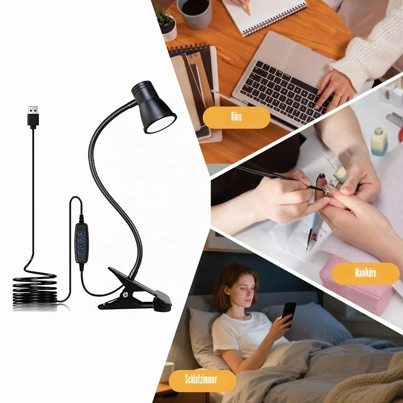 Zoombare LED Leselampe Klemmleuchte: Dimmbare Klemmlampe Bett, USB Schwanenhals Lampe mit 3 Farbtemperaturmodi, LED Klemmleuchte Nachttisch, für Schlafzimmer und Nachttisch, Schwarz
