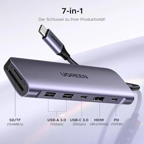 UGREEN USB C Hub HDMI 4K, Multiport Adapter mit SD/TF Kartenleser