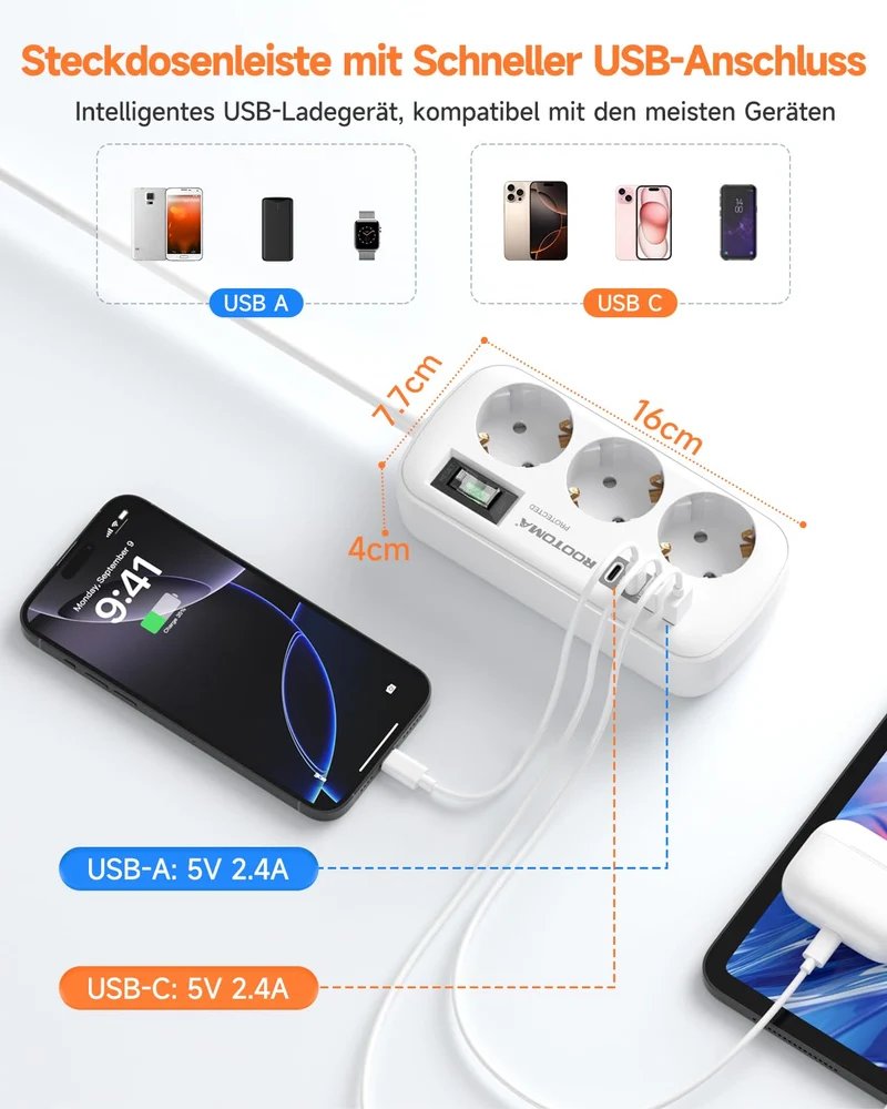 3 Fach Steckdose mit Überspannungsschutz Mehrfachsteckdose 4 USB(2 USB-C)