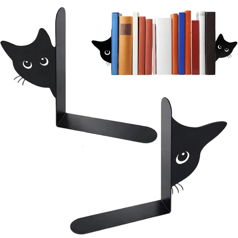 2er Set Buchstützen, Dekorative Buchstütze Katze Design, Stabile Bücherstützen für Bücherregal Deko, Elegante Schwarz Metall Buchstützen