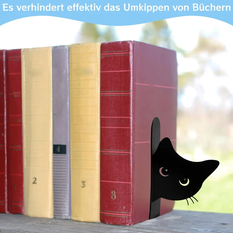 2er Set Buchstützen, Dekorative Buchstütze Katze Design, Stabile Bücherstützen für Bücherregal Deko, Elegante Schwarz Metall Buchstützen