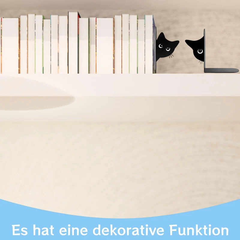 2er Set Buchstützen, Dekorative Buchstütze Katze Design, Stabile Bücherstützen für Bücherregal Deko, Elegante Schwarz Metall Buchstützen