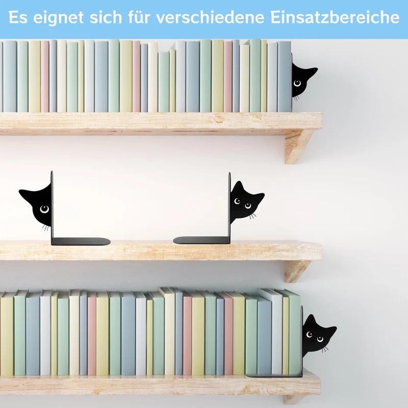 2er Set Buchstützen, Dekorative Buchstütze Katze Design, Stabile Bücherstützen für Bücherregal Deko, Elegante Schwarz Metall Buchstützen
