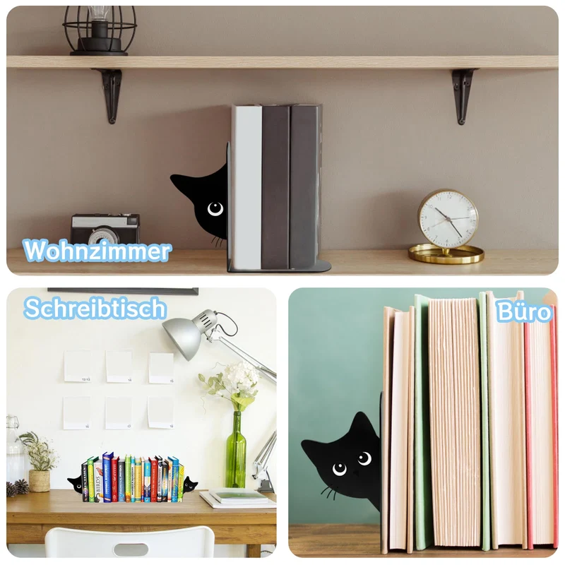 2er Set Buchstützen, Dekorative Buchstütze Katze Design, Stabile Bücherstützen für Bücherregal Deko, Elegante Schwarz Metall Buchstützen