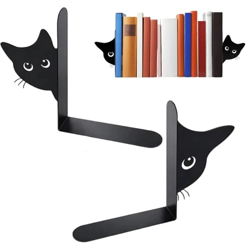 2er Set Buchstützen, Dekorative Buchstütze Katze Design, Stabile Bücherstützen für Bücherregal Deko, Elegante Schwarz Metall Buchstützen
