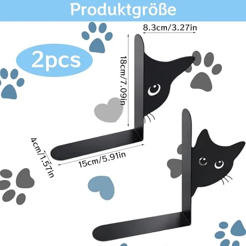 2er Set Buchstützen, Dekorative Buchstütze Katze Design, Stabile Bücherstützen für Bücherregal Deko, Elegante Schwarz Metall Buchstützen