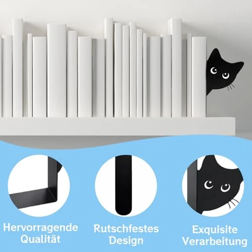2er Set Buchstützen, Dekorative Buchstütze Katze Design, Stabile Bücherstützen für Bücherregal Deko, Elegante Schwarz Metall Buchstützen