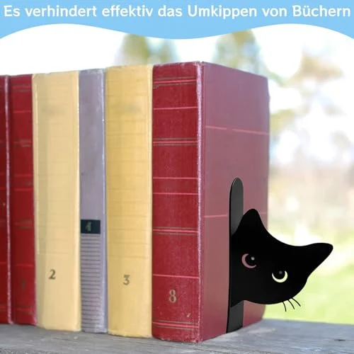 2er Set Buchstützen, Dekorative Buchstütze Katze Design, Stabile Bücherstützen für Bücherregal Deko, Elegante Schwarz Metall Buchstützen