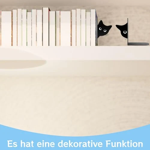 2er Set Buchstützen, Dekorative Buchstütze Katze Design, Stabile Bücherstützen für Bücherregal Deko, Elegante Schwarz Metall Buchstützen
