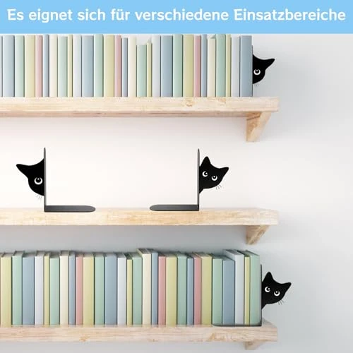 2er Set Buchstützen, Dekorative Buchstütze Katze Design, Stabile Bücherstützen für Bücherregal Deko, Elegante Schwarz Metall Buchstützen