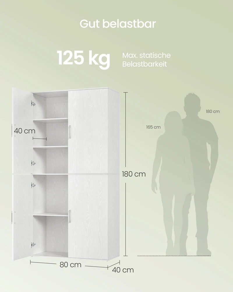 VASAGLE Mehrzweckschrank, mit 4 Türen, 5 Ablagen, 80 x 40 x 180 cm