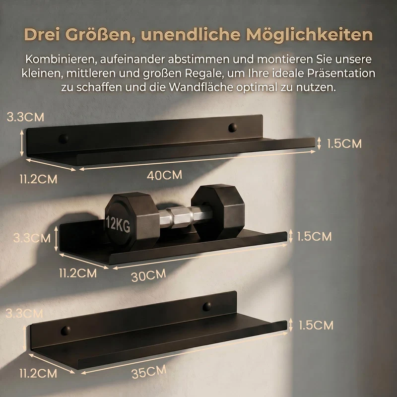 Schwarze Schweberegale, 3er Set, Industrieller Stil Metall Wandregale, Verschiedene Größen Wandmontiertes Lagerregal für Schlafzimmer, Wohnzimmer, Badezimmer, Küche