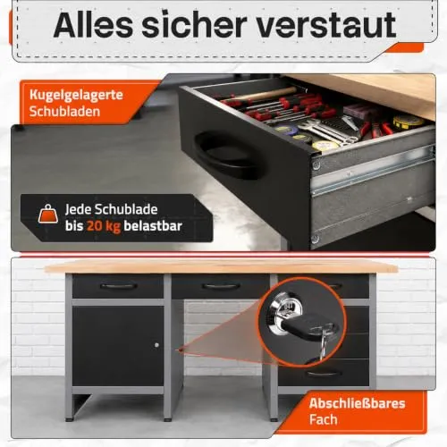 Ondis24 Werkbank 160 cm breit mit 6 kugelgelagerten Schubladen und Sitzplatzöffnung in der Mitte, Staufach mit großer abschließbarer Tür, Werktisch Montagewerkbank Werkstatttisch
