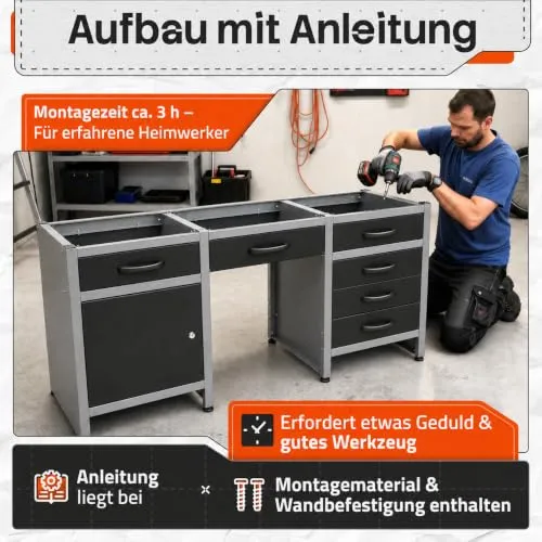 Ondis24 Werkbank 160 cm breit mit 6 kugelgelagerten Schubladen und Sitzplatzöffnung in der Mitte, Staufach mit großer abschließbarer Tür, Werktisch Montagewerkbank Werkstatttisch
