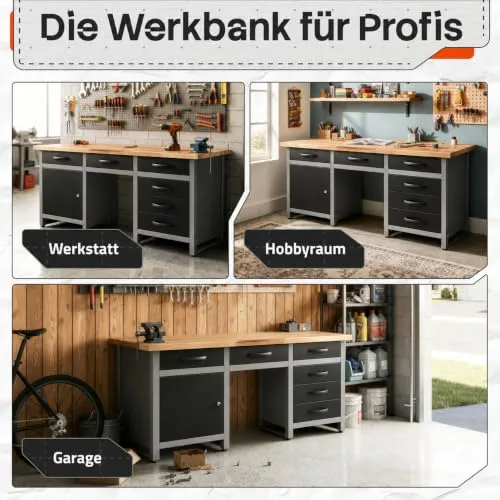 Ondis24 Werkbank 160 cm breit mit 6 kugelgelagerten Schubladen und Sitzplatzöffnung in der Mitte, Staufach mit großer abschließbarer Tür, Werktisch Montagewerkbank Werkstatttisch