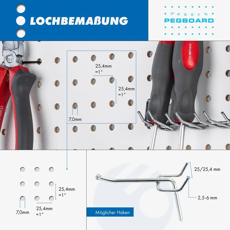 Pegboard 1 St. Werkzeugwand aus Holz (MDF) 120 x 60 x 0,5 cm - Lochung Ø7 mm Lochabstand 25,4 mm - weiß lackiert - Made in Germany