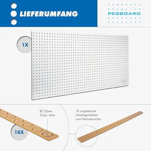 Pegboard 1 St. Werkzeugwand aus Holz (MDF) 120 x 60 x 0,5 cm - Lochung Ø7 mm Lochabstand 25,4 mm - weiß lackiert - Made in Germany