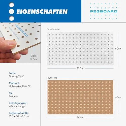 Pegboard 1 St. Werkzeugwand aus Holz (MDF) 120 x 60 x 0,5 cm - Lochung Ø7 mm Lochabstand 25,4 mm - weiß lackiert - Made in Germany