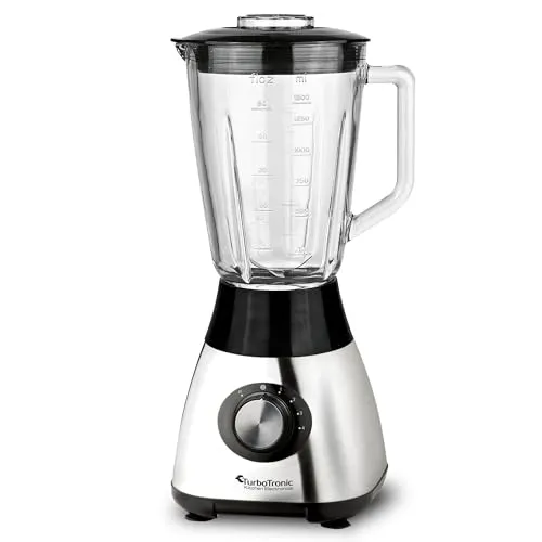 TurboTronic Standmixer mit 1,5L Glasbehälter 1200W Edelstahl silber, Smoothie Maker, Ice Crush Funktion, Blender