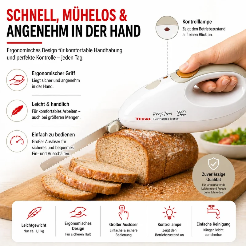 Tefal Elektrisches Messer, 100 Watt, Edelstahlklinge, geeignet für Tiefkühl-Gut, Elektromesser in weiß/greige, 8523.31