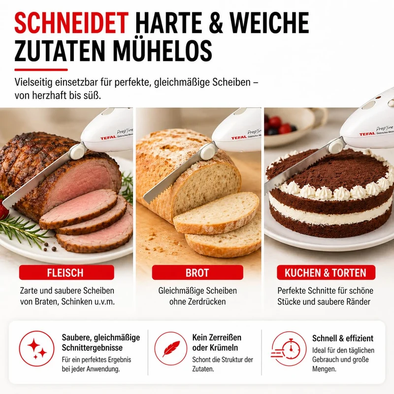 Tefal Elektrisches Messer, 100 Watt, Edelstahlklinge, geeignet für Tiefkühl-Gut, Elektromesser in weiß/greige, 8523.31