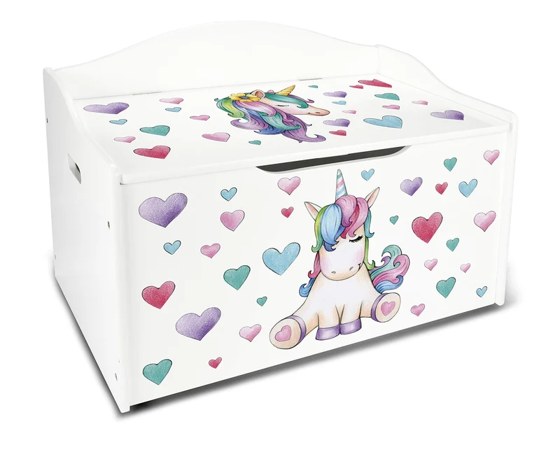 Leomark Kindertruhenbank aus Holz, Kinderbank mit Einhorn-Motiv