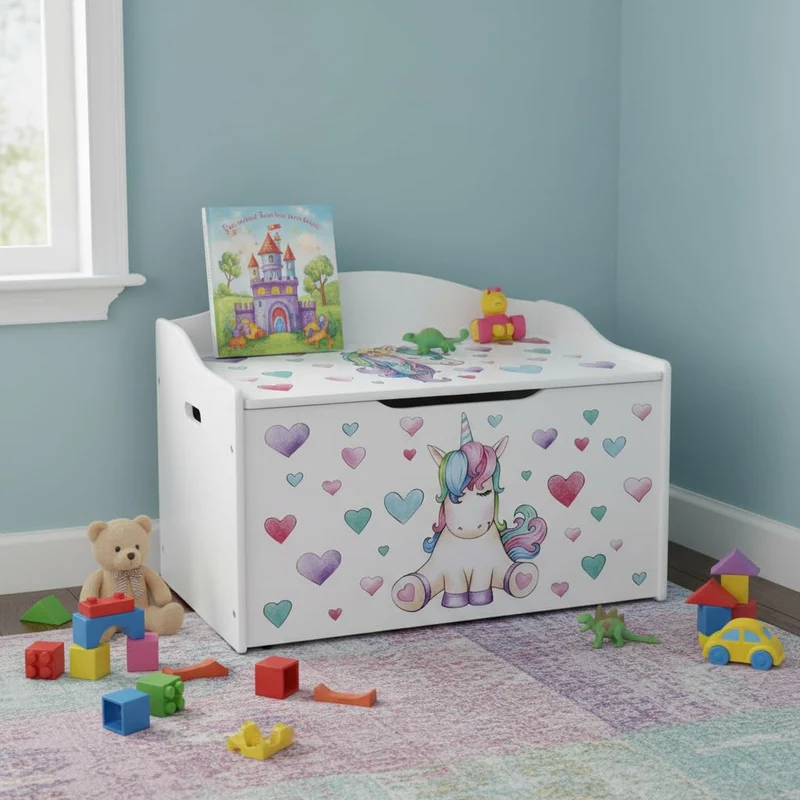 Leomark Kindertruhenbank aus Holz, Kinderbank mit Einhorn-Motiv