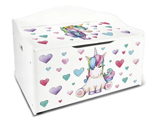 Leomark Kindertruhenbank aus Holz, Kinderbank mit Einhorn-Motiv