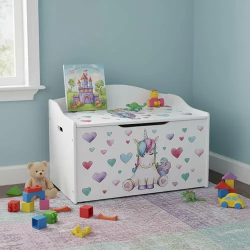 Leomark Kindertruhenbank aus Holz, Kinderbank mit Einhorn-Motiv