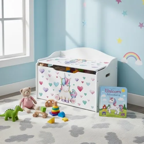 Leomark Kindertruhenbank aus Holz, Kinderbank mit Einhorn-Motiv
