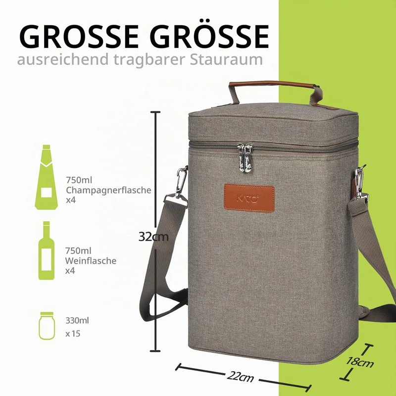 Kato Tirrinia Eisbeutel für 4 Flaschen, isolierter Weinbeutel, tragbarer Weinbeutel mit Riemen für Picknickparty, BYOB-Restaurant, Weinprobe, Grau, 21 x 18 x 31 CM