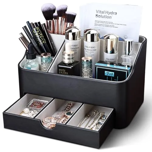 KINGFOM Büro Schreibtisch Organizer Mit 5 Fächern & Schubladen, Multifunktionales Ordnungssystem - Stiftehalter für Schreibtisch Organisation in Büro, Zuhause, Schule (Schwarz)