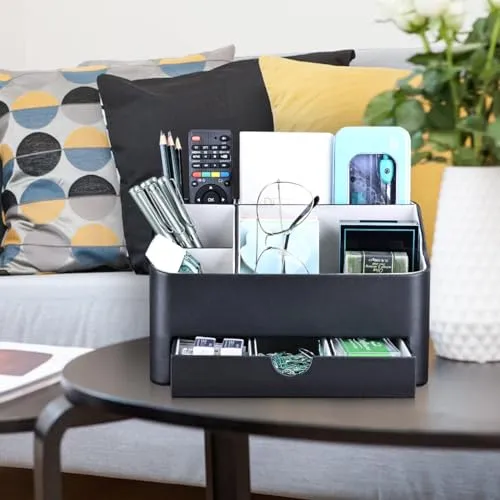 KINGFOM Büro Schreibtisch Organizer Mit 5 Fächern & Schubladen, Multifunktionales Ordnungssystem - Stiftehalter für Schreibtisch Organisation in Büro, Zuhause, Schule (Schwarz)