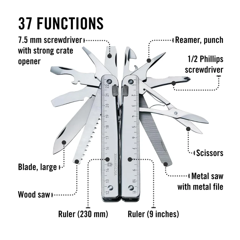 Victorinox Multifunktionstool, Swiss Tool X Plus, Taschen Werkzeug, 38 Funktionen, Kombi-Spitzzange, Feststellklinge, Leder-Etui