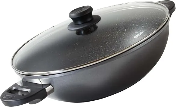 STONELINE Wok 32 cm, mit Deckel, Aluguss, Wok Pfanne beschichtet mit echten Steinpartikeln, grau, ohne Fett oder Öl kochen und braten, großer Wok Induktion