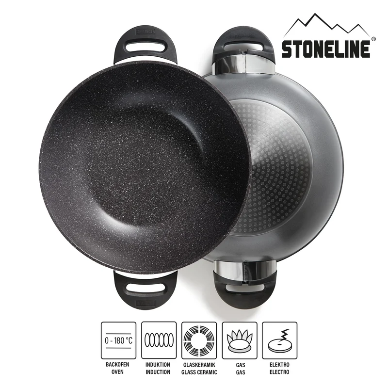 STONELINE Wok 32 cm, mit Deckel, Aluguss, Wok Pfanne beschichtet mit echten Steinpartikeln, grau, ohne Fett oder Öl kochen und braten, großer Wok Induktion