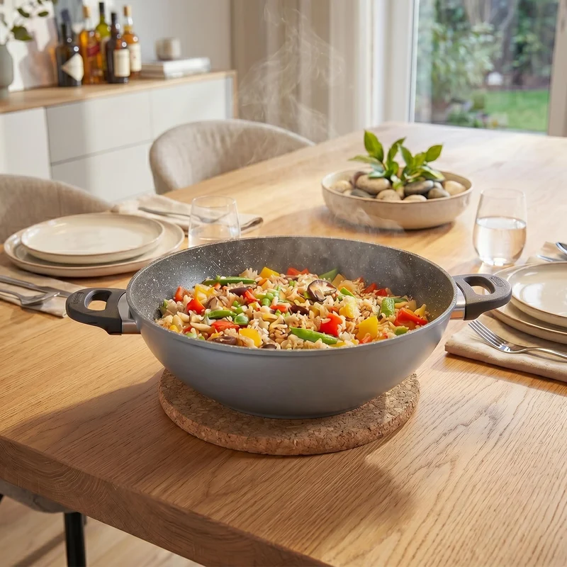 STONELINE Wok 32 cm, mit Deckel, Aluguss, Wok Pfanne beschichtet mit echten Steinpartikeln, grau, ohne Fett oder Öl kochen und braten, großer Wok Induktion