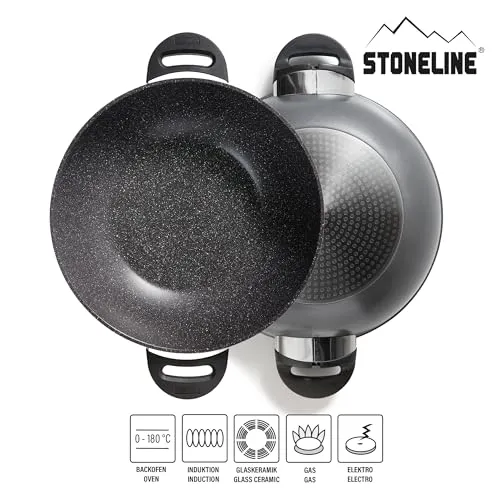 STONELINE Wok 32 cm, mit Deckel, Aluguss, Wok Pfanne beschichtet mit echten Steinpartikeln, grau, ohne Fett oder Öl kochen und braten, großer Wok Induktion