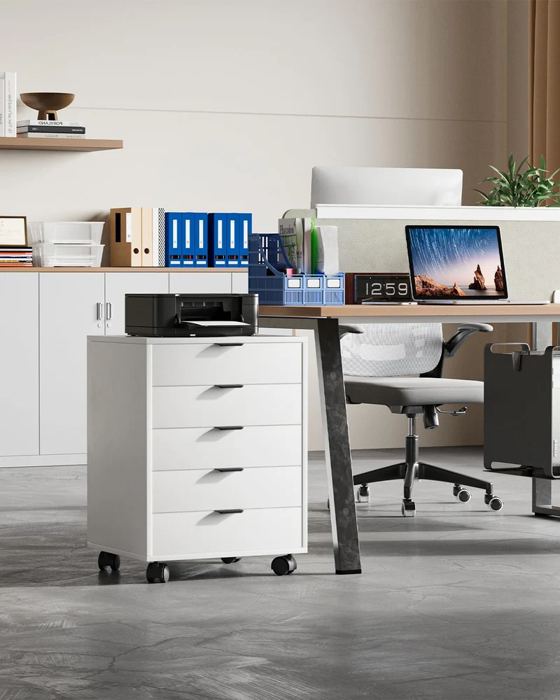 ELUCHANG Schubladenschrank, Rollcontainer, Mobiler Aktenschrank mit 5 Schubladen, Unter Schreibtisch SchrankBüro, Schubladenkommode für Zuhause Büro, Homeoffice, Weiß