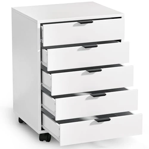 ELUCHANG Schubladenschrank, Rollcontainer, Mobiler Aktenschrank mit 5 Schubladen, Unter Schreibtisch SchrankBüro, Schubladenkommode für Zuhause Büro, Homeoffice, Weiß