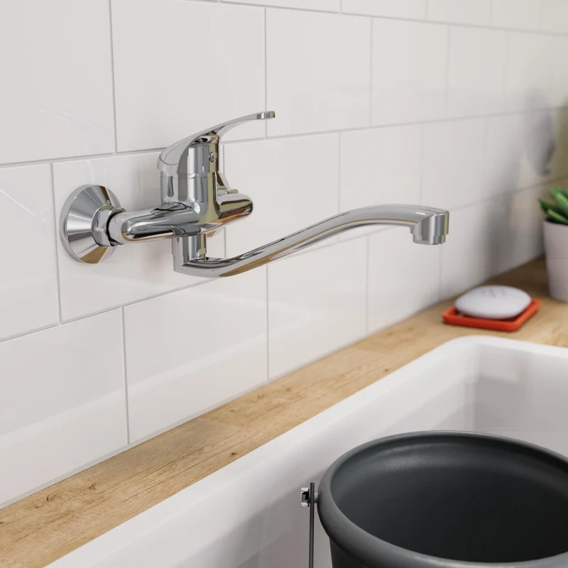 EISL NI161EUCR EUROPA Wandwasserhahn Chrom, Wand-Spültischarmatur 360°, ideal für Doppelspülbecken, Wasserhahn Wandmontage, Wandarmatur für Küche/Ausgussbecken, Mischbatterie für Wandmontage