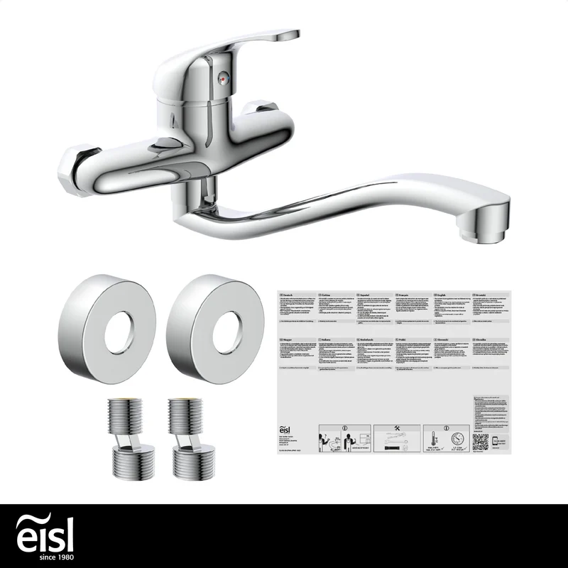 EISL NI161EUCR EUROPA Wandwasserhahn Chrom, Wand-Spültischarmatur 360°, ideal für Doppelspülbecken, Wasserhahn Wandmontage, Wandarmatur für Küche/Ausgussbecken, Mischbatterie für Wandmontage